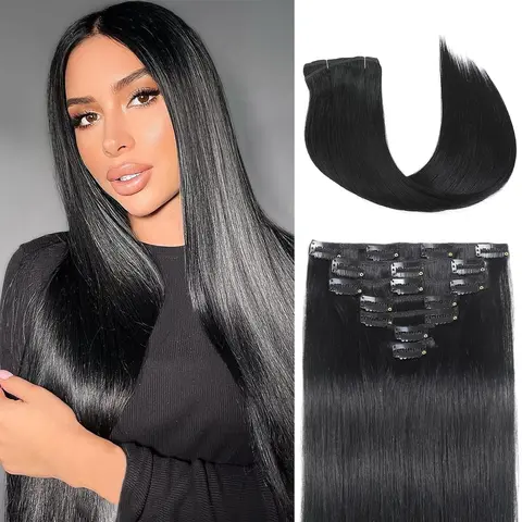 Women's Clip-in Synthetic Hair Extensions Kit - 24-Inch Straight 1B Natural Black, 170g/6oz Double Weft Hairpieces, 6pcs Set with 16 BB Clips, Draped, Cannot Recolored for Daily & Party Use