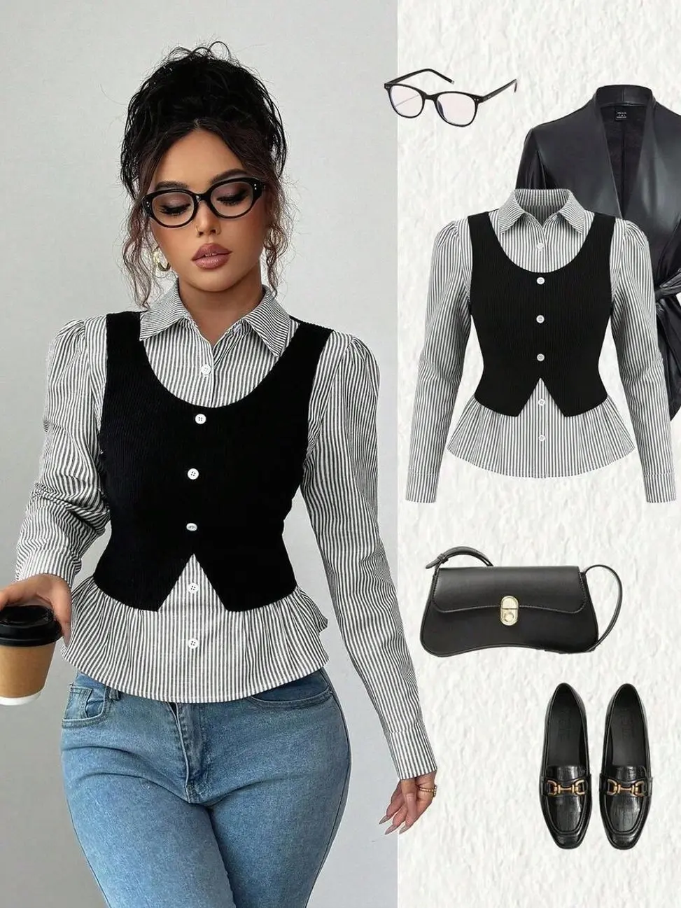 Women's Striped Rib Knit V Neck Blouse, Collared Patchwork Cinched Waist Long Sleeve Top, Elegant Business Casual Office Shirt for Work, Teacher & Fall