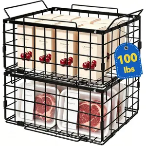 Reinforced Freezer Organizer Bins, 2 Pack Large Stackable Vertical Chest Deep Freezer Containers, Thickened Black Wire Foldable Baskets with Handles
