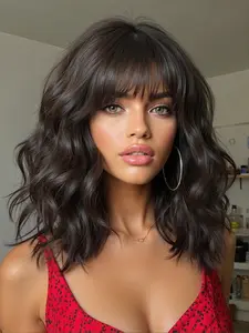 Wig, Full Bangs Short Curly Hair, Natural Full Head Set 14 Inches, High Temperature Resistant Fiber, Suitable for Any Occasion, Synthetic Material Wigs, Heat Resistant Wigs