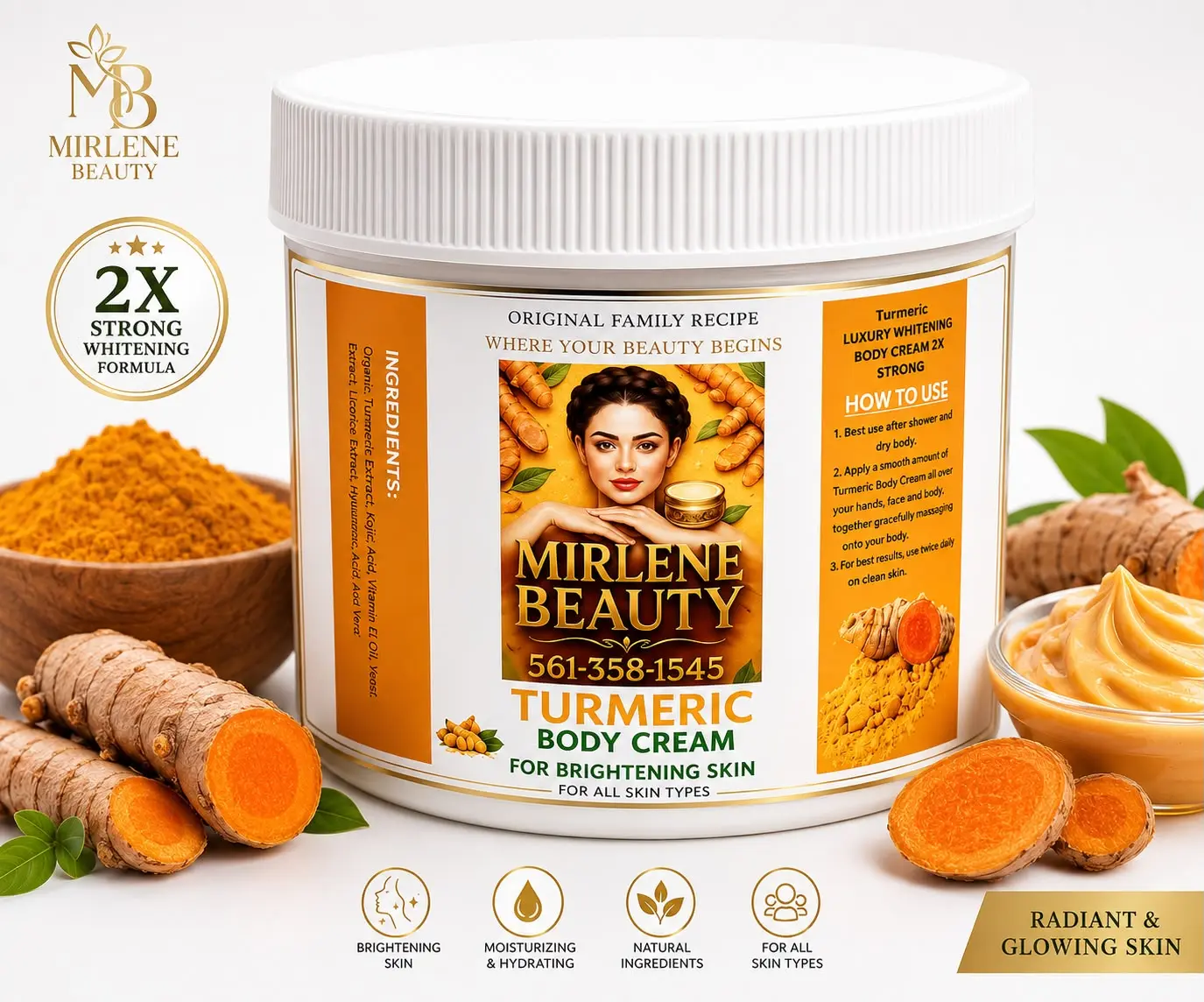Mirlene Beauty 8 oz Turmeric Body Cream, Hydrating Body Moisturizer for Dry Skin (Beauty & Personal Care Essential)