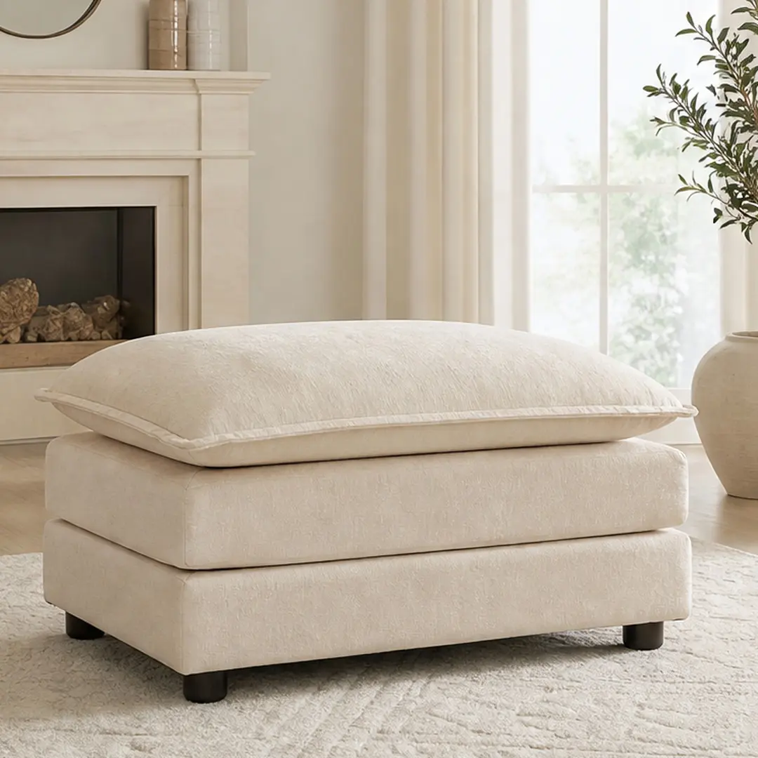 ARCH Chenille Ottoman Footrest Stool for Living Room, Light Coffee Upholstered Ottoman with Solid Wood Frame, Comfy Sponge Filled Foot Stool for Sofa Combination, 22x35x18 Inches, Single Box, Light Coffee Color Options, Chenille Material