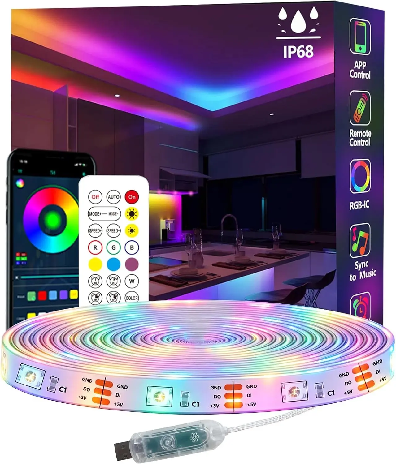 16.4FT Ws2812 RGB+IC LED Strip Lights IP68 Outdoor Waterproof, 5V USB Powered, Music Sync Bluetooth APP/RF Remote Control Lights for Balcony,Deck,Camping,Garden,Bedroom Decor