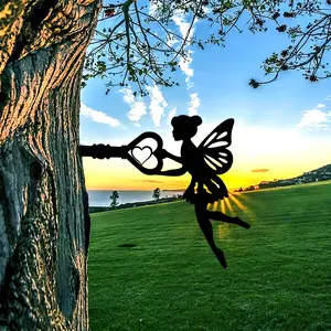 Metal Fairy Garden Stakes Outdoor Decor Silhouette Fairy Branch Ornaments for Trees & Posts Durable Carbon Steel Yard Art Whimsical Fairy Tale Garden Sculpture, Garden Decor, Fairy Garden Decor