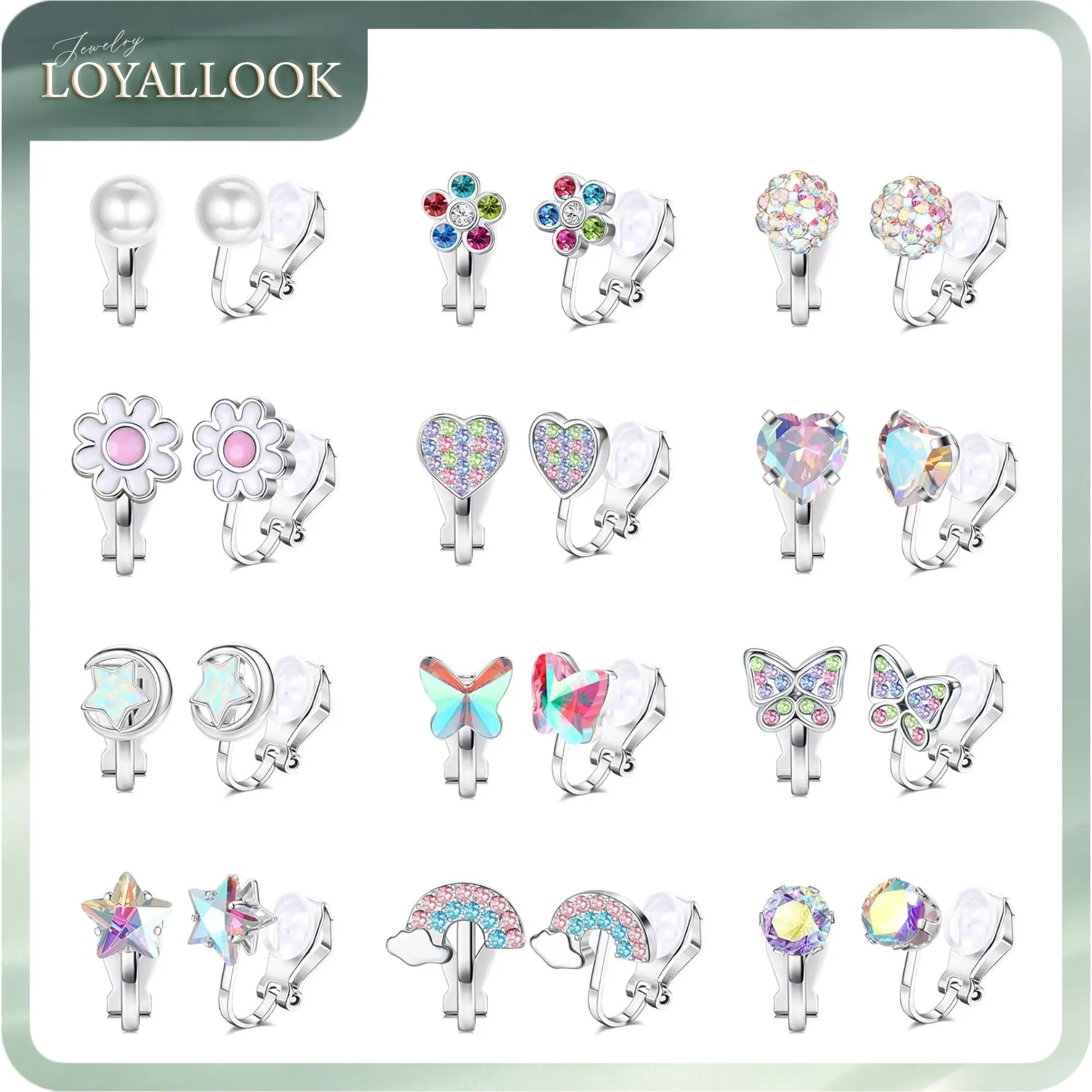 LOYALLOOK 12Pairs Cute Clip on Earrings for Women Hypoallergenic Turtle Heart Star Butterfly Flower Pearl CZ Clip Earrings Multicolored Clip-on Stud Non Pierced Earrings Set