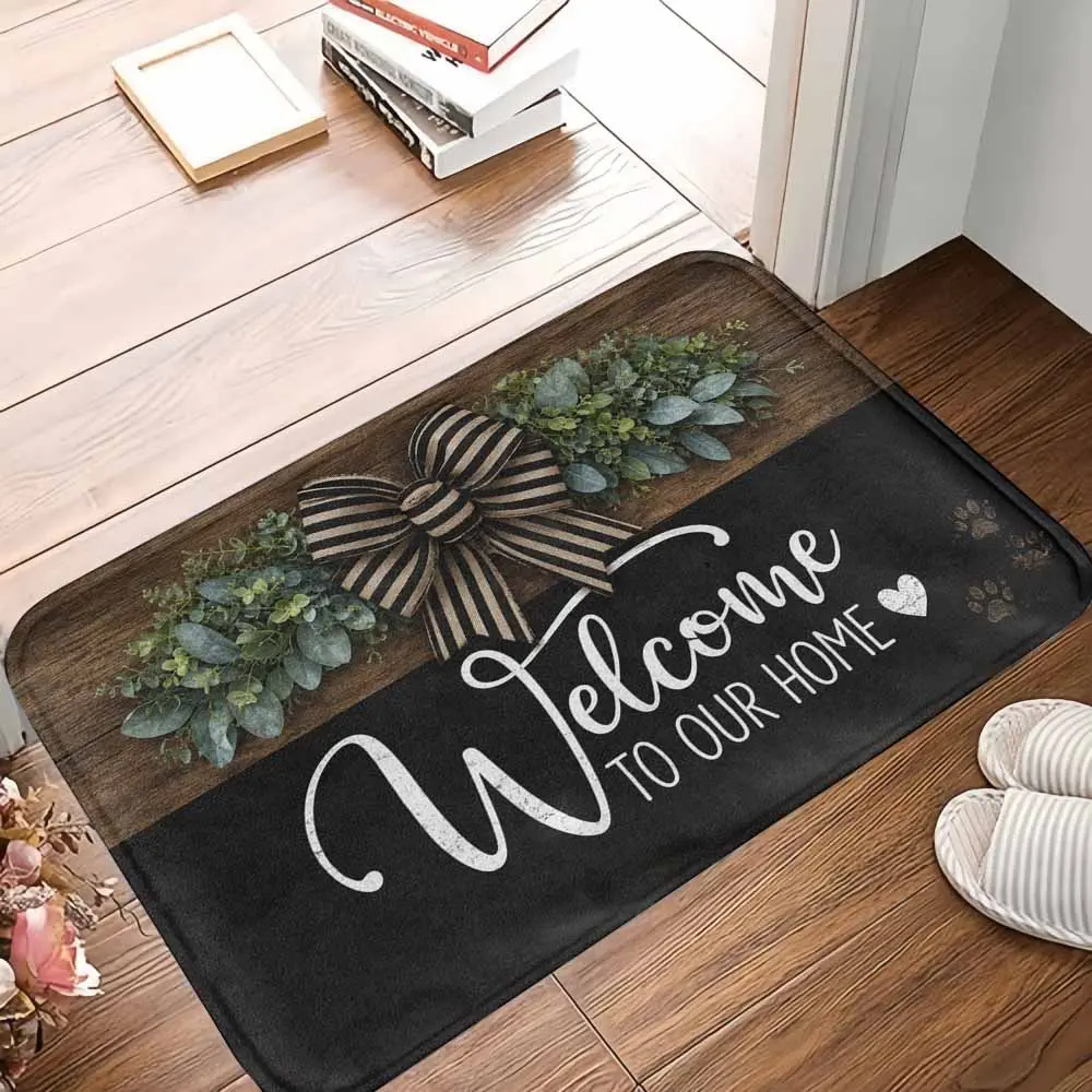 Rustic Wood Welcome To Our Home Doormat - Polyester, Rubber Backing, Breathable, Durable, Non-Slip, Absorbent, Easy-Clean, Greenery & Striped Bow Print, Entryway Decor, Ideal For Front Porch, Housewarming Gift