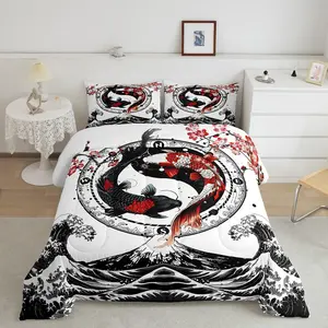 Feelyou Japanese Ukiyoe Decorative Bedding Set - Koi Fish, Cherry Blossoms, Wave Design Luxury Duvet & Queen Comforter Set for Home Decor