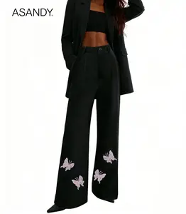 ASANDY Black Rhinestone Butterfly Wide Leg Pants High Waist Trousers for Brunch Date Night Office Casual Versatile Colors Stylish Design