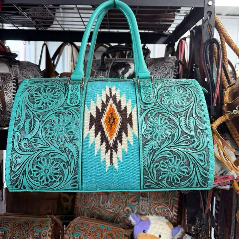Genuine hand tooled leather speedy bag- turquoise & Aztec Genuine hand tooled leather speedy bag- turquoise & Aztec