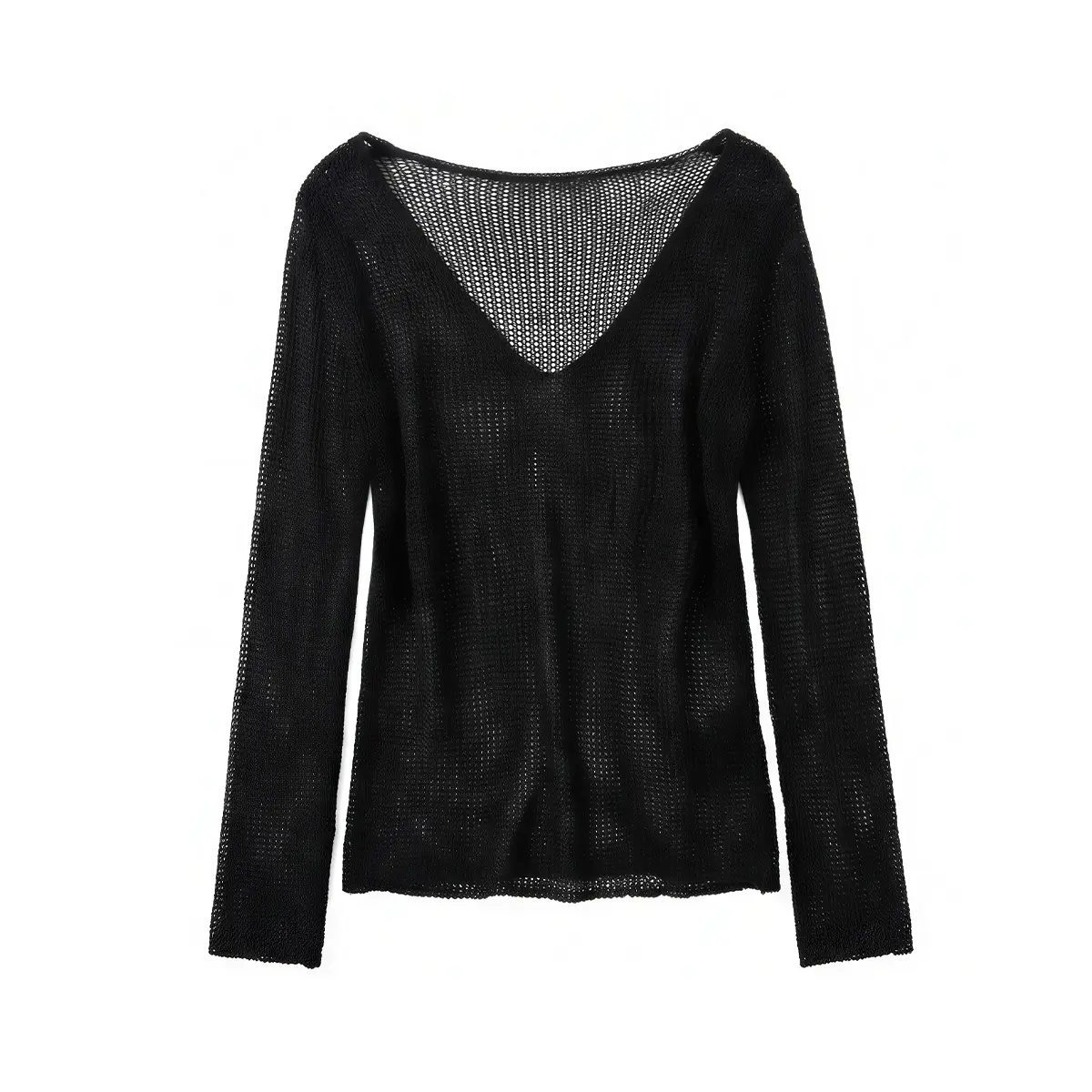 FDR Hooded Sheer Knit Top Black Relaxed Fit Deep V Neck Open Knit FDR Hooded Sheer Knit Top Black Relaxed Fit Deep V Neck Open Knit