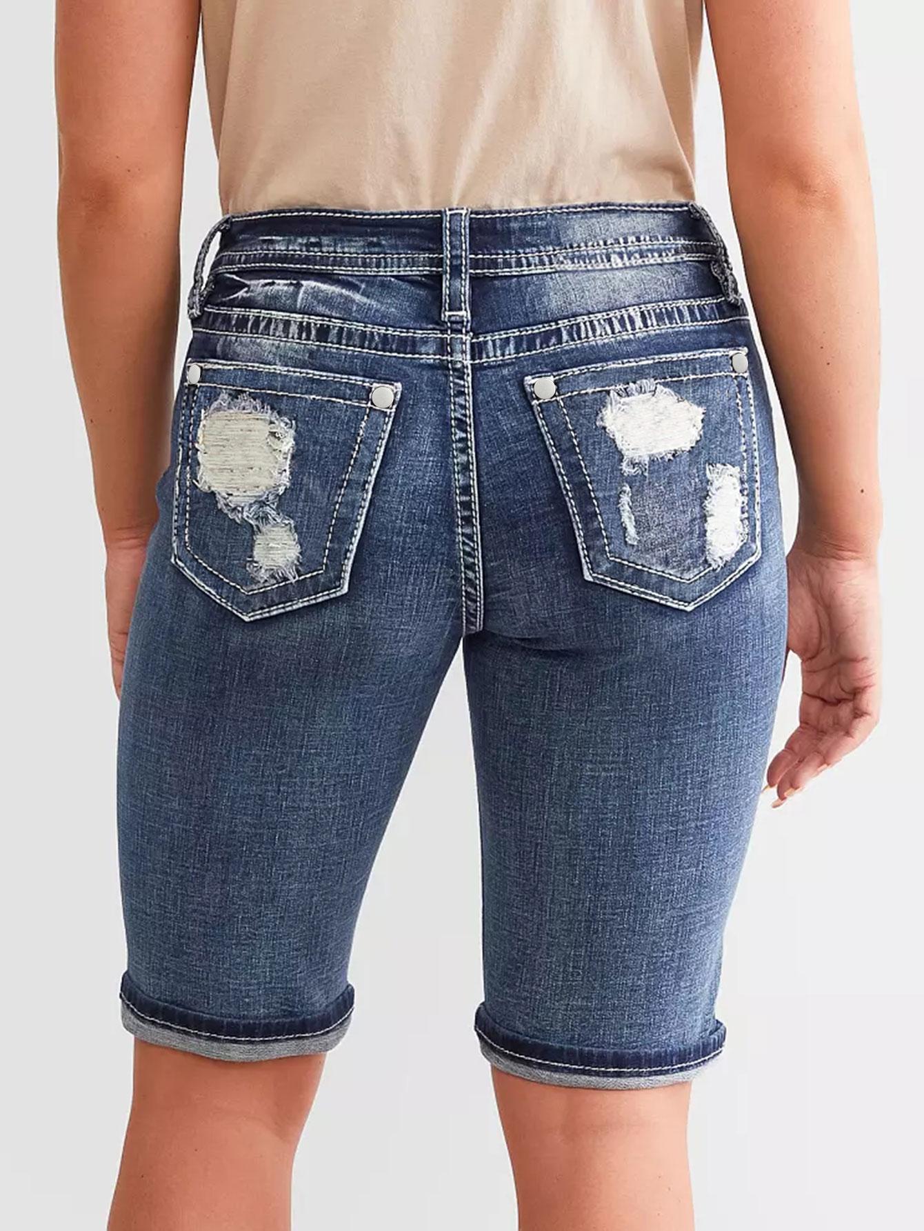 Women Skinny Denim Shorts Back Embroidery Ripped Frayed Raw Hem Distressed Casual