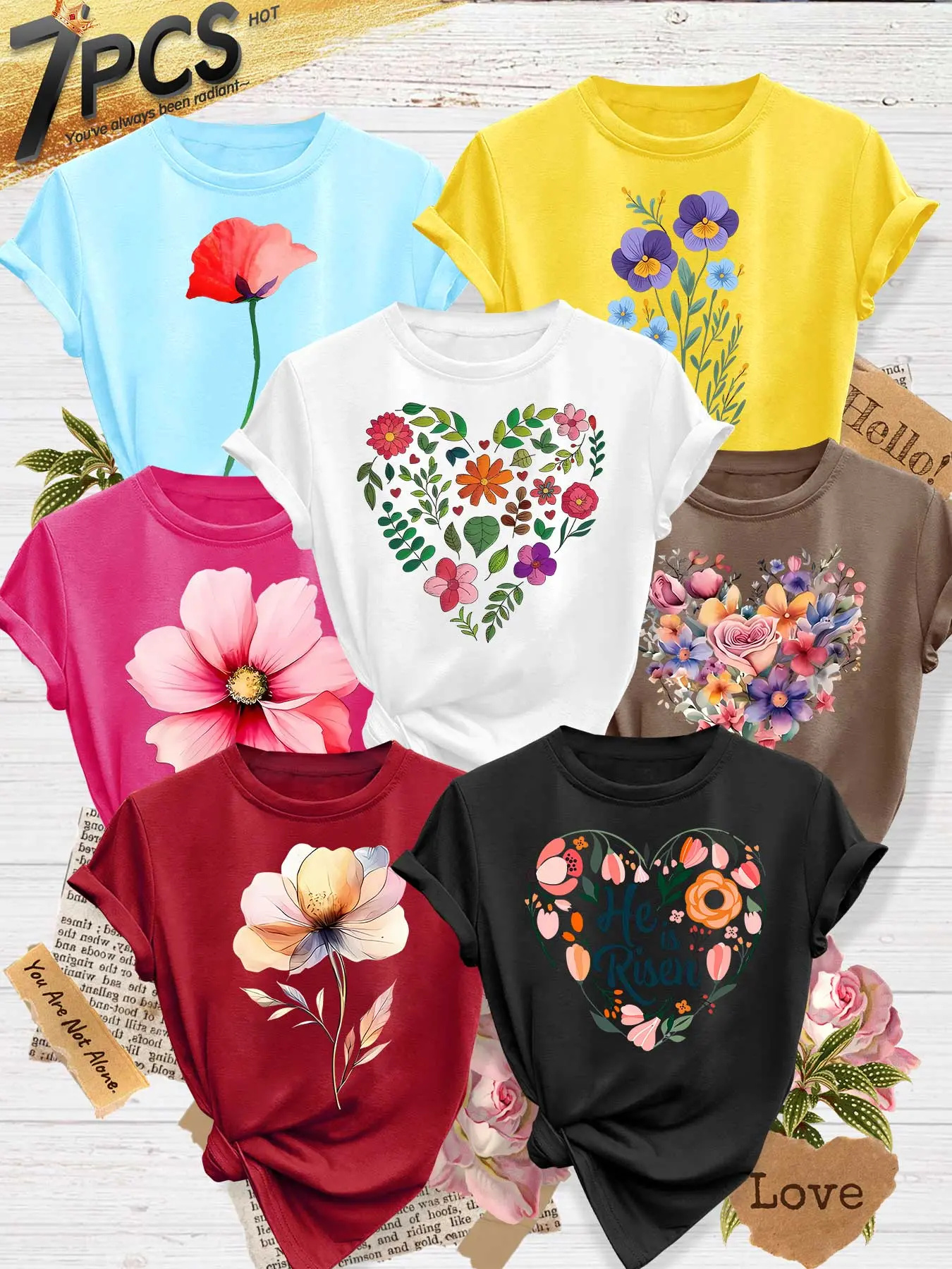 7Pcs Women's Round Neck T-Shirts, Casual Leopard Gradient Heart Floral Print Set, Multiple Colors Available, Machine Washable, Spring & Summer Tops, Soft Skin-Friendly Fabric, Daily Versatile, Fashion Design