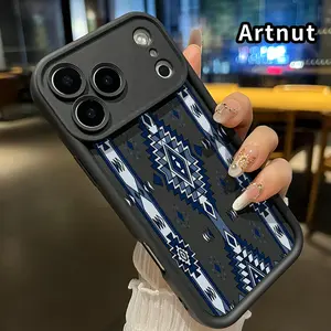 Phone Case for iPhone 17 Pro Max 16 Plus 15 14 13 12 11 Air E Aztec Blue Geometric Pattern Silicone TPU Lens Protective Rugged Durable Soft Cover for boy girl