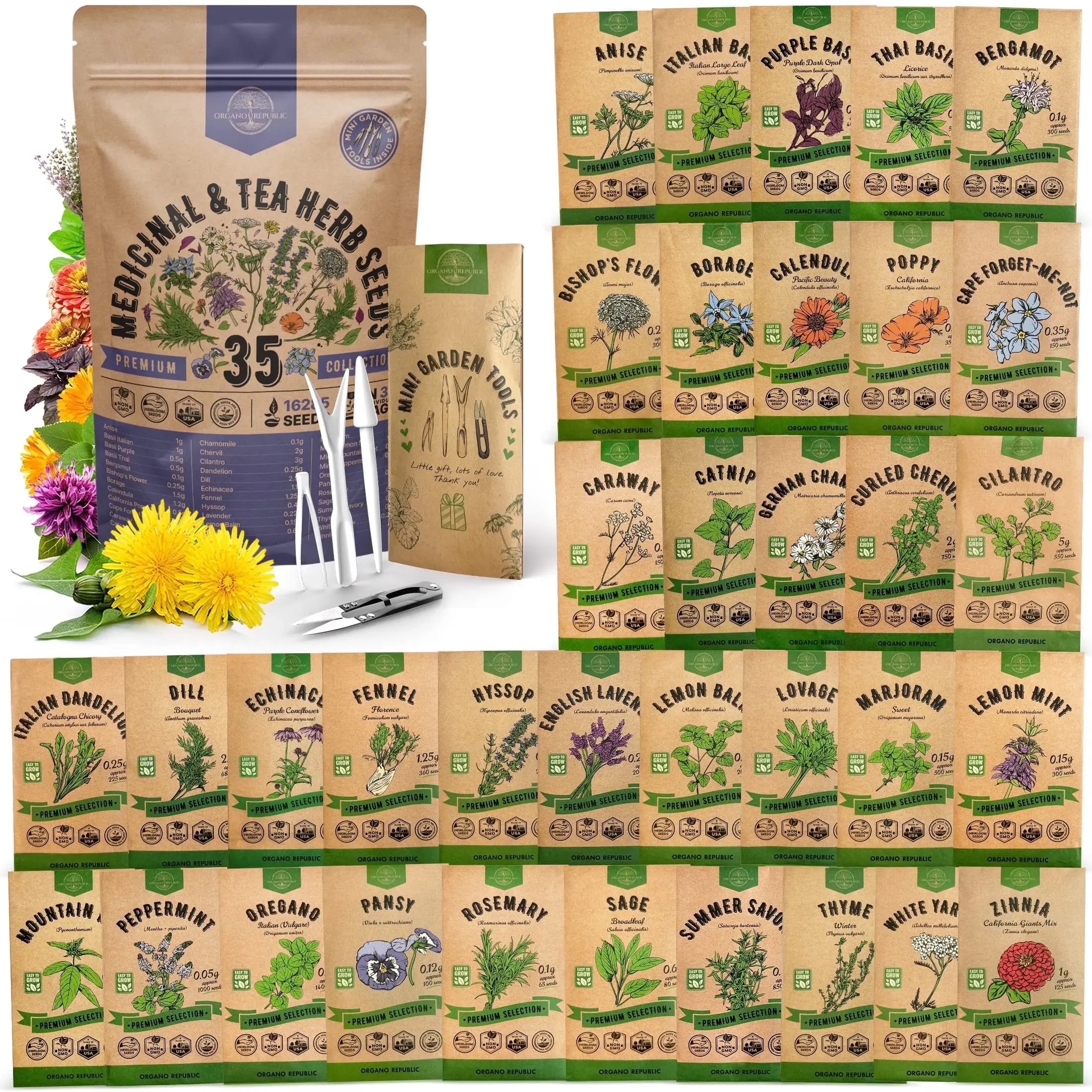 35 Medicinal & Tea  Seeds Variety Pack for Indoor Outdoors 16,335+ Non-GMO Heirloom Garden Seeds