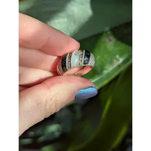 Vintage Marcasite Mother of Pearl and Onyx Ring 925 Silver Marked Ring Romantic Vintage Striped Ring Fine Jewelry for Her Size 6.75 UK 15