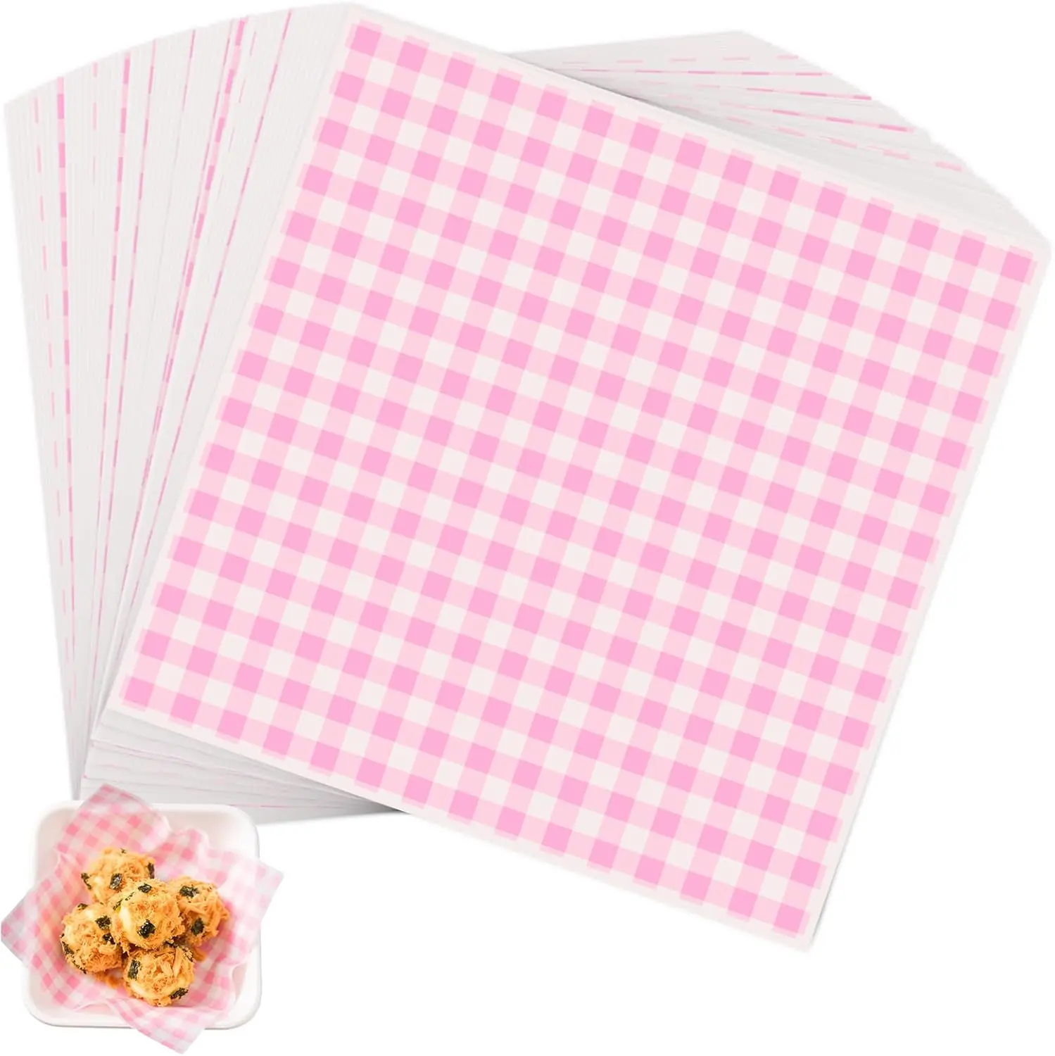 100pcs Waxed Deli Paper Sheets, 7x7" Food Basket Liners for Sandwiches, Burgers. Pink Checkered Deli Wrap Wax Paper Sheets by