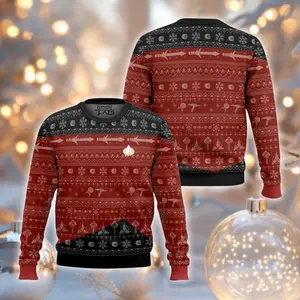 Red Black Sci Fi Jumper, Geeky Xmas Pullover, Unisex Holiday Knitwear, Ugly Christmas Sweater, Retro Festive Sweater, Winter Party Outfit RM65L3