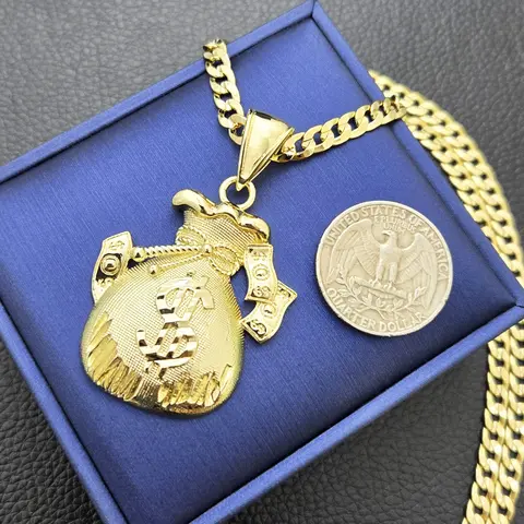 MaxBling81 AAA+ Brass Gold-Plated 30x35mm Money Bag Pendant Necklace - Unisex Adult Casual Fashion Cuban Link Chain, 5mm 20"-24" Chain and Link, 14K Stamped Lock, Glossy Polished Costume Jewelry Accessory