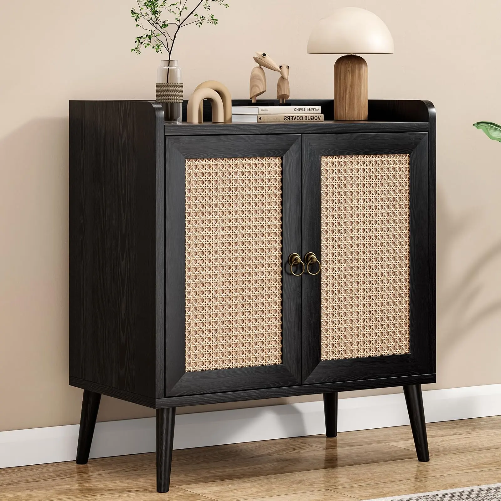 Vintage Wood Sideboard Buffet - Sturdy Storage Cabinet with Rattan Decorated Doors, Baffle Strip Design, 15"d x 26.4"w x 30"h, Assembly Required, Ideal for Dining Room, Living Room, Durable