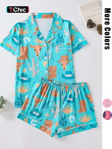 Women's All Over Print Pajama Two-piece Set, Casual Comfy Short Sleeve Top & Shorts PJ Set, Ladies Sleepwear Cozy Loungewear for All Seasons, Pyjamas Set, Pajamas Sleepwear