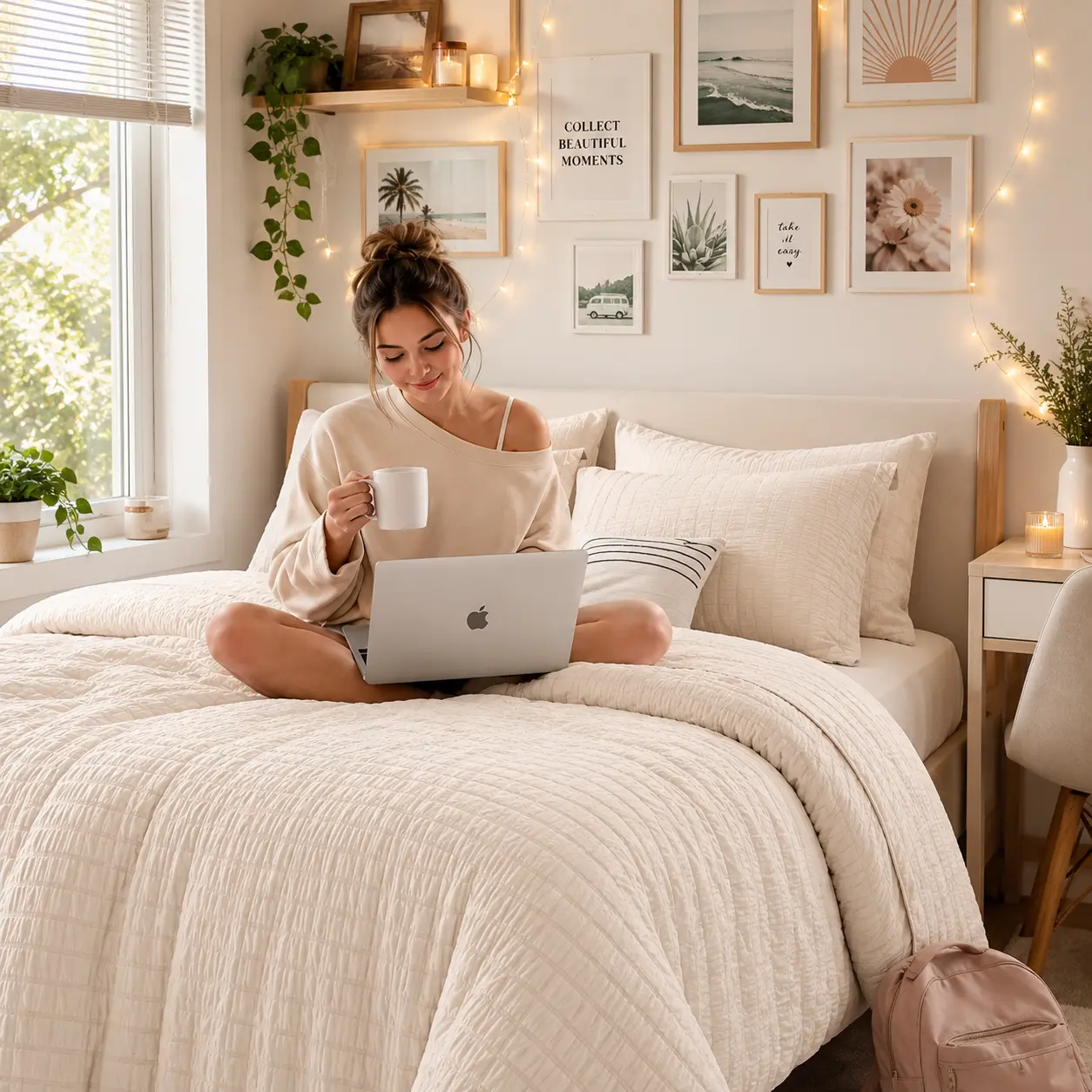 MUXHOMO 7 Pieces  Comforter Set, Seersucker Bed in a Bag,girly bedroom decor,Summervibes, All Season Luxury Bedding Set with Comforter, Flat Sheet, Fitted Sheet, Pillowcases & Shams, Beige