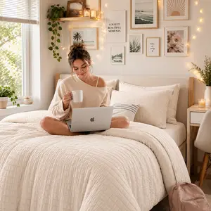 MUXHOMO 7 Pieces  Comforter Set, Seersucker Bed in a Bag,girly bedroom decor,Summervibes, All Season Luxury Bedding Set with Comforter, Flat Sheet, Fitted Sheet, Pillowcases & Shams, Beige