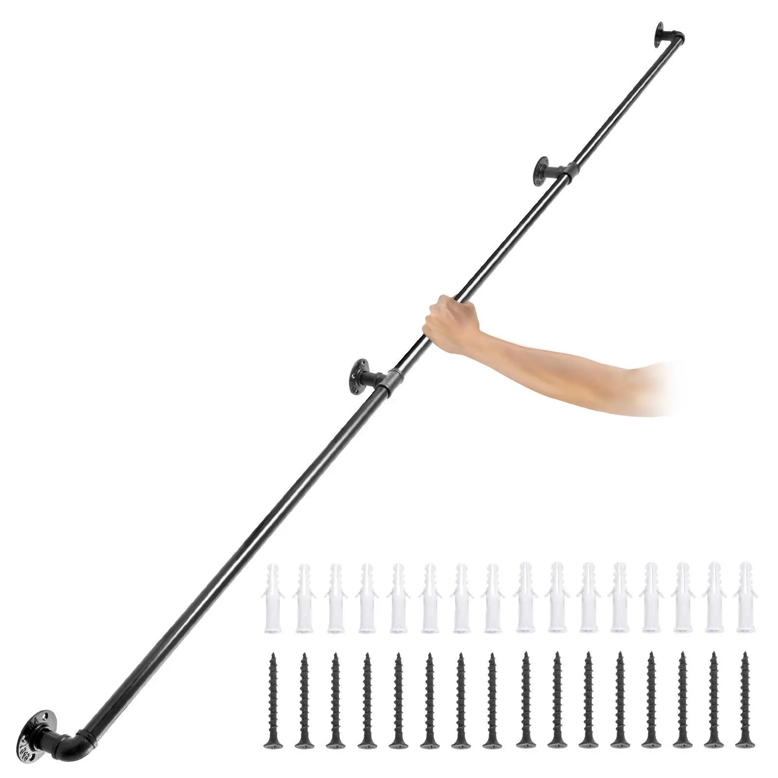 【SummerFinds】VEVOR Pipe Stair Handrail,  , 9FT Staircase Handrail, 440LBS Load Capacity Carbon Steel Pipe Handrail, Industrial Pipe Handrail with Wall Mount Support, Round Corner Wall Handrailings for Indoor, Outdoor