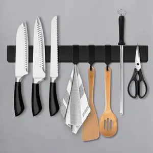 Wall Mounted Magnetic Knife Holder, Punch Free Knife Rack with 3 Hooks, Kitchen Utensil Storage Rack, Kitchen Utensil Organizer
