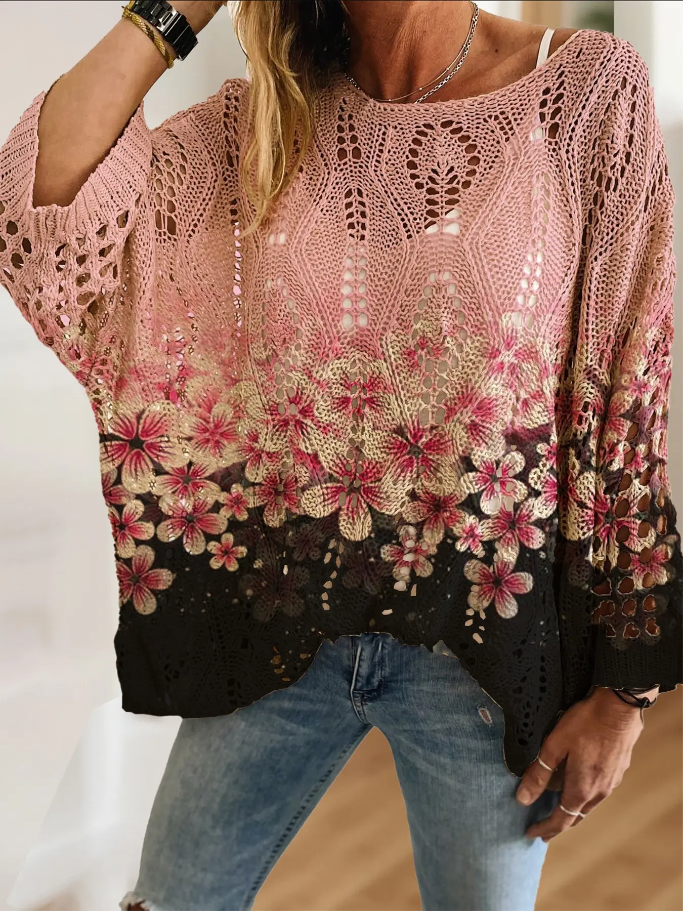 Spring Summer Women's Off-Shoulder Batwing Sleeve Knit Top with Floral Print, Lightweight Breathable Long Sleeve, Casual Elegance Beachwear