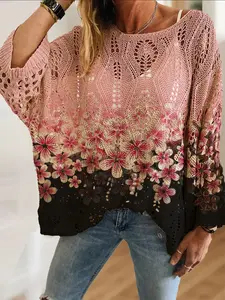 Spring Summer Women's Off-Shoulder Batwing Sleeve Knit Top with Floral Print, Lightweight Long Sleeve, Casual Elegance Beachwear, Blouse, Casual Boho Breathable Top