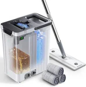 Flat Mop and Bucket Set with Wringer - Auto-Spray Cleaning, Dirty Water Separation Keeps Water Fresh, 3 Washable Pads, High-efficiency Cleaning for All Floors Tile Wall Window