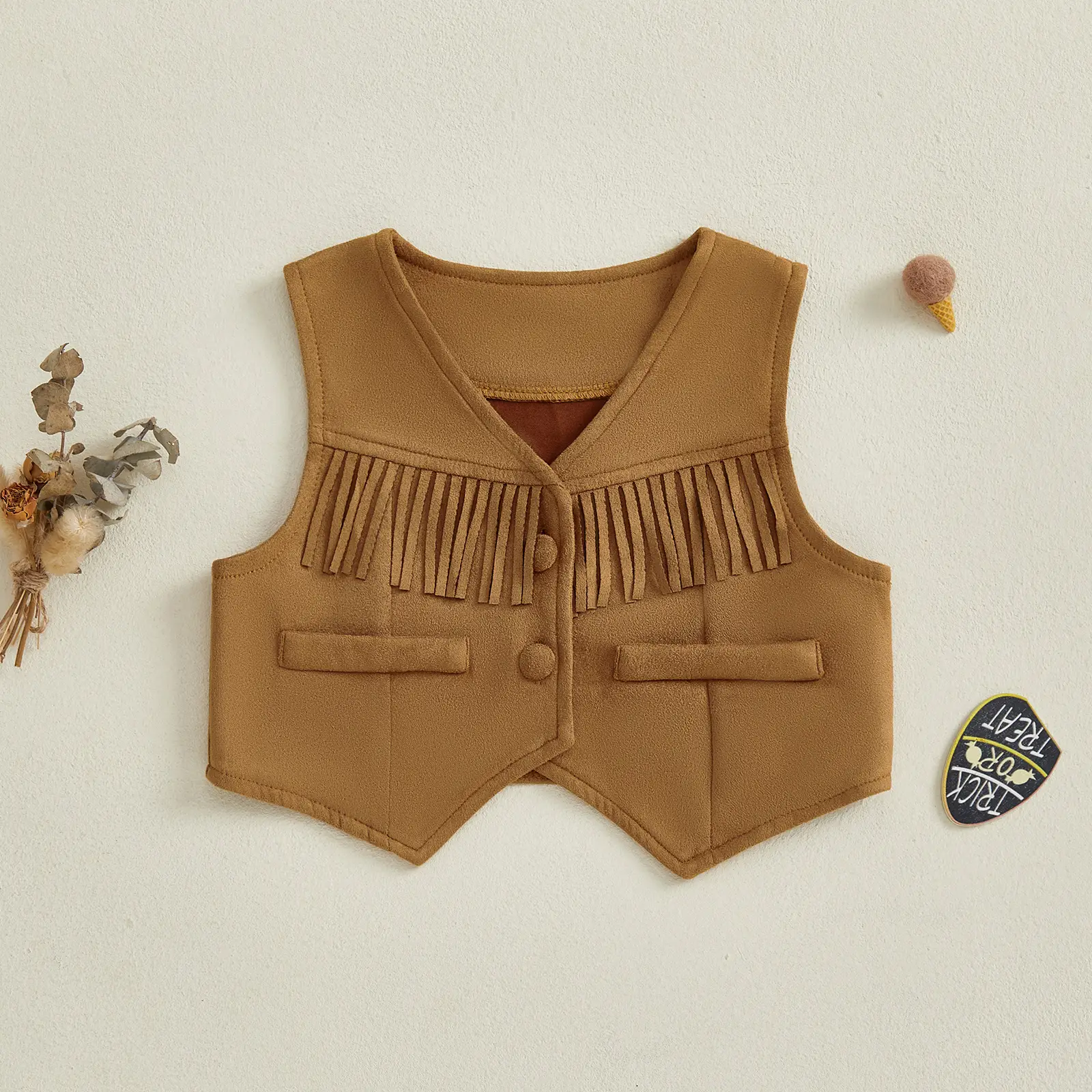 Toddler Baby Boys Girls Suede Vest Tassel Buttons Front Western Cowgirls Waistcoat V-Neck Sleeveless Jacket