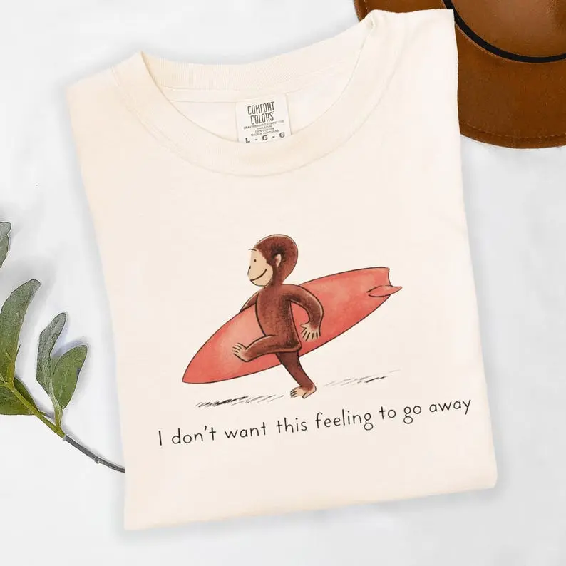 Comfort Colors Retro Curious George Surfing TShirt, Vintage Surfer Monkey, I Don't Want This Feeling To Go Away Top, Summer Beach