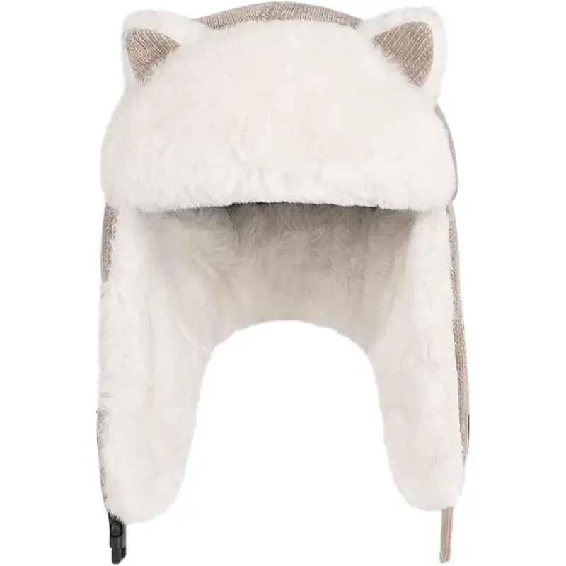 Women's Winter Beanie Hat - Universal Trapper Ushanka Cap for Children, 54-56cm Head Circumference, Fleece Earflaps, Cat Ears, Warm Fur, Adjustable Hook-Loop Chin Strap for Skiing, Outdoor Sports