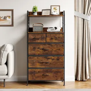 5-Drawer Storage Chest with Side Hooks & Open Shelves, Versatile Tall Fabric Dresser, Vertical Storage Tower for Small Spaces, Bedroom & Entryway