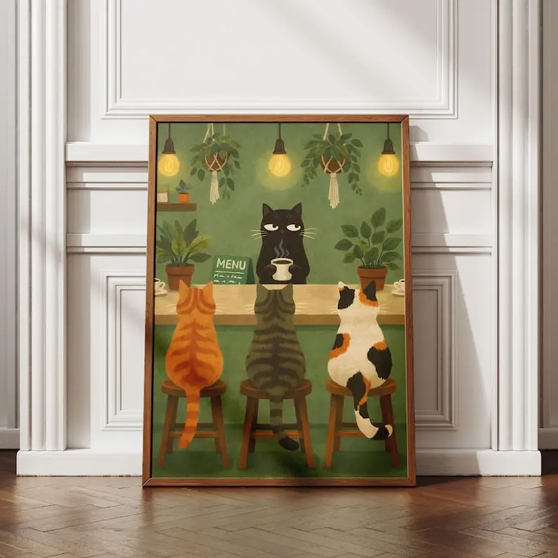 Cat Cafe Wall Art Print, Coffee Bar Poster with Cats, Barista Cats, Funny Kitchen Decor
