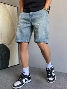Men's Summer Light Blue Washed Ink Splatter Straight Denim Shorts, Casual High Street Versatile Commuter Five-Quarter Pants