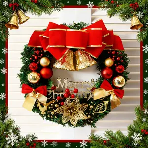 Christmas Decoration Christmas Wreath for Front Door Decor 16.5" Green Winter Wreath with LED String Lights for Home Wall Window Porch Farmhouse Indoor Outdoor Decorations Berries Pine Cones Bow 1 Pack