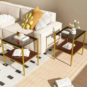 Modern Set of 2 Glass End Tables with Storage Shelf, Rectangular Grey Tempered Glass Side Tables with Metal Legs for Living Room Bedroom