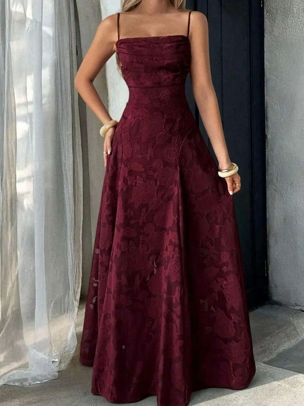 Women's Floral Jacquard Maxi Dress, Spaghetti Strap Lace Up Back A-Line Gown, Elegant Wedding Guest Dress for Date Night, Graduation, Formal Party, Summer & Fall Outfit