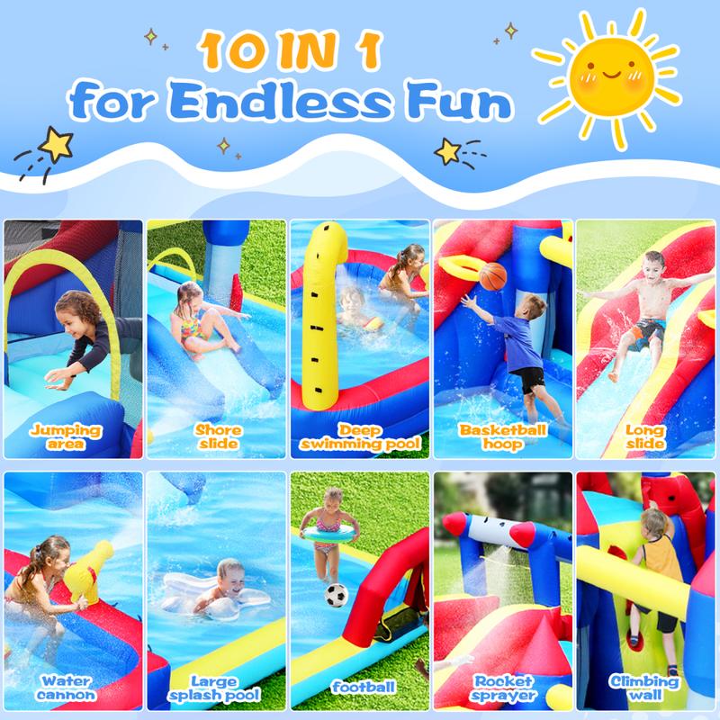Bounce House Waterslide for Kids & Adults,Inflatable Bouncer Jumper Slide,Inflatable Party Pool Slide,10 in1 Inflatable Slide Water Park  Bouncing House Garden with Splash Pool & Water Gun & Basketball & Climbing Wall & Dual Pools & Soccer