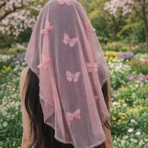 Pink Butterfly Veil Handmade Church with rhinestone border Head Covering Lightweight Tulle Veil for Special Occasions