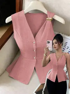 【Graduation Season】Women's Fashion V-Neck Slim Fit Sleeveless Top with Metal Decor, Perfect for Daily Commute, Couple Dates, Outdoor Activities