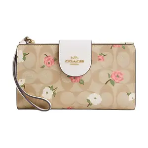 Coach Floral Print Logo Wallet for Women – Coated Canvas and Smooth Leather, Gold and Light Khaki Chalk Multicolor