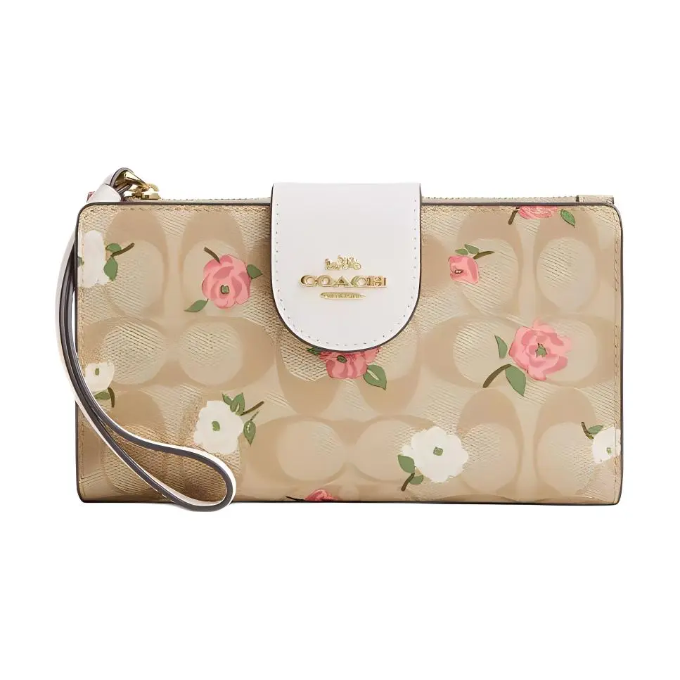 Coach Floral Print Logo Wallet for Women – Coated Canvas and Smooth Leather, Gold and Light Khaki Chalk Multicolor