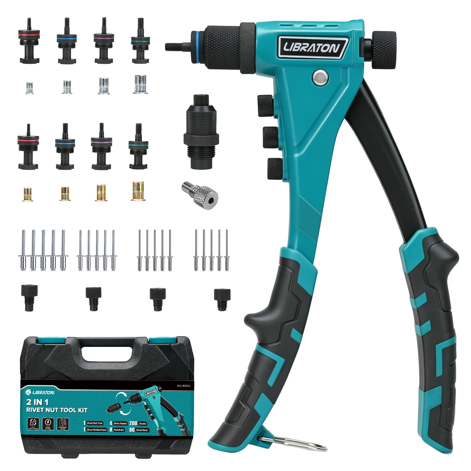 LIBRATON 2in1 Rivet Nut and Pop Rivet Gun Kit, with 8 Mandrels (Metric & SAE), 4 Nose Pieces (2.4-4.8mm), 80 Nuts and 200 Rivets, Adjustable Riveting Tool for DIY & Repair with Carrying Case
