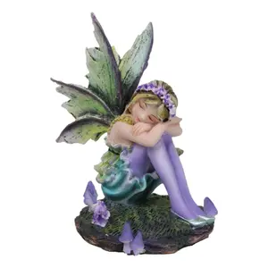 Summer Night Dream Green Girl Fairy Garden with Lavender Mushrooms Figurine