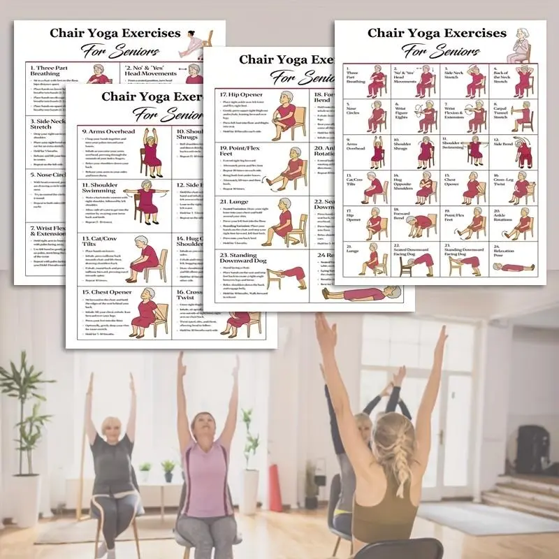 4pcs Chair Yoga Exercises for Seniors Set, Beginner Chair Yoga, Yoga Sit, Senior Fitness Guide, Home & Office Decor, Healthy Gift