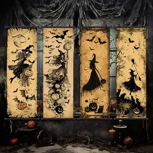 Halloween Hanging Banner, 4 Counts/set Retro Witch Pattern Wall Decor, Fun Witch Decorations, Halloween Decorations, Party Posters, Home Decor