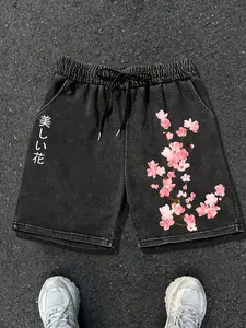 Men's Summer Casual Loose-Fitting Shorts with Cherry Blossom Pattern, Breathable and Trendy Drawstring Gym Shorts for Sports and Daily Wear